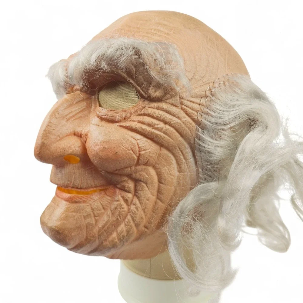 Vintage Old Man Latex Mask Grandfather Grey Hair Mesh Eyes Halloween Costume VTG